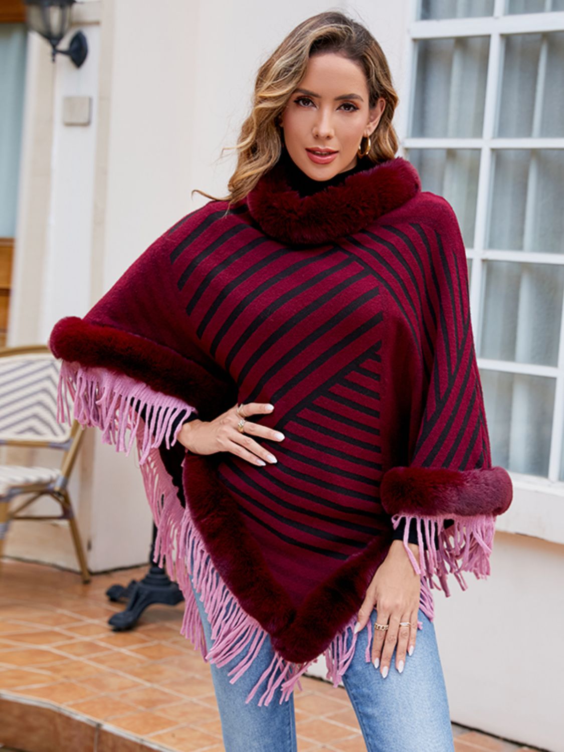 Striped Fringe Hem Poncho BLUE ZONE PLANET