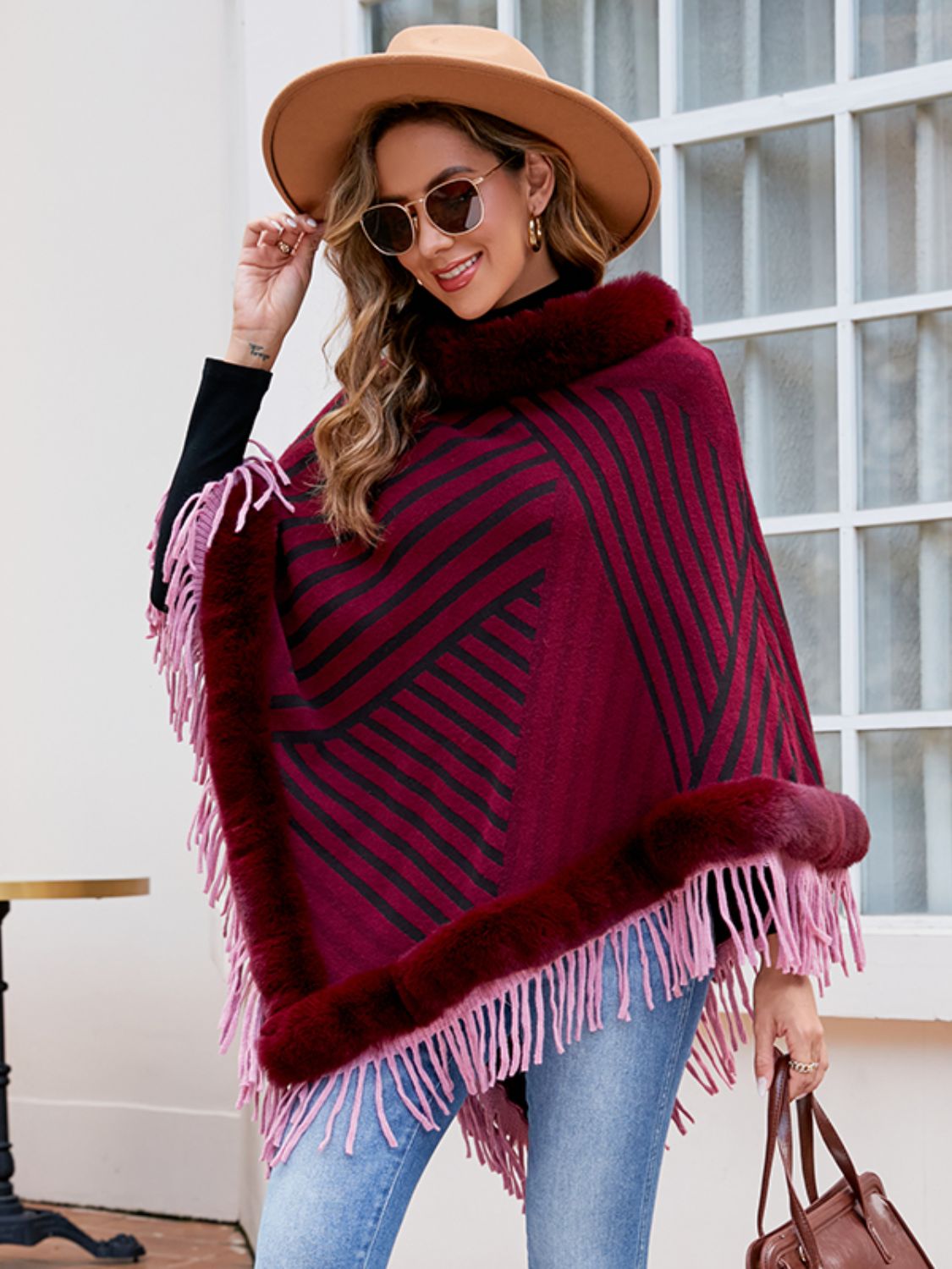 Striped Fringe Hem Poncho BLUE ZONE PLANET