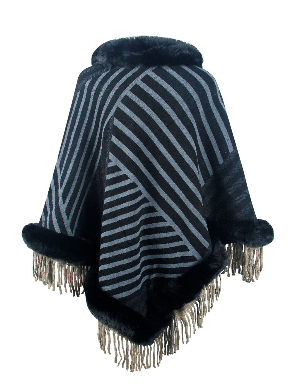 Striped Fringe Hem Poncho BLUE ZONE PLANET