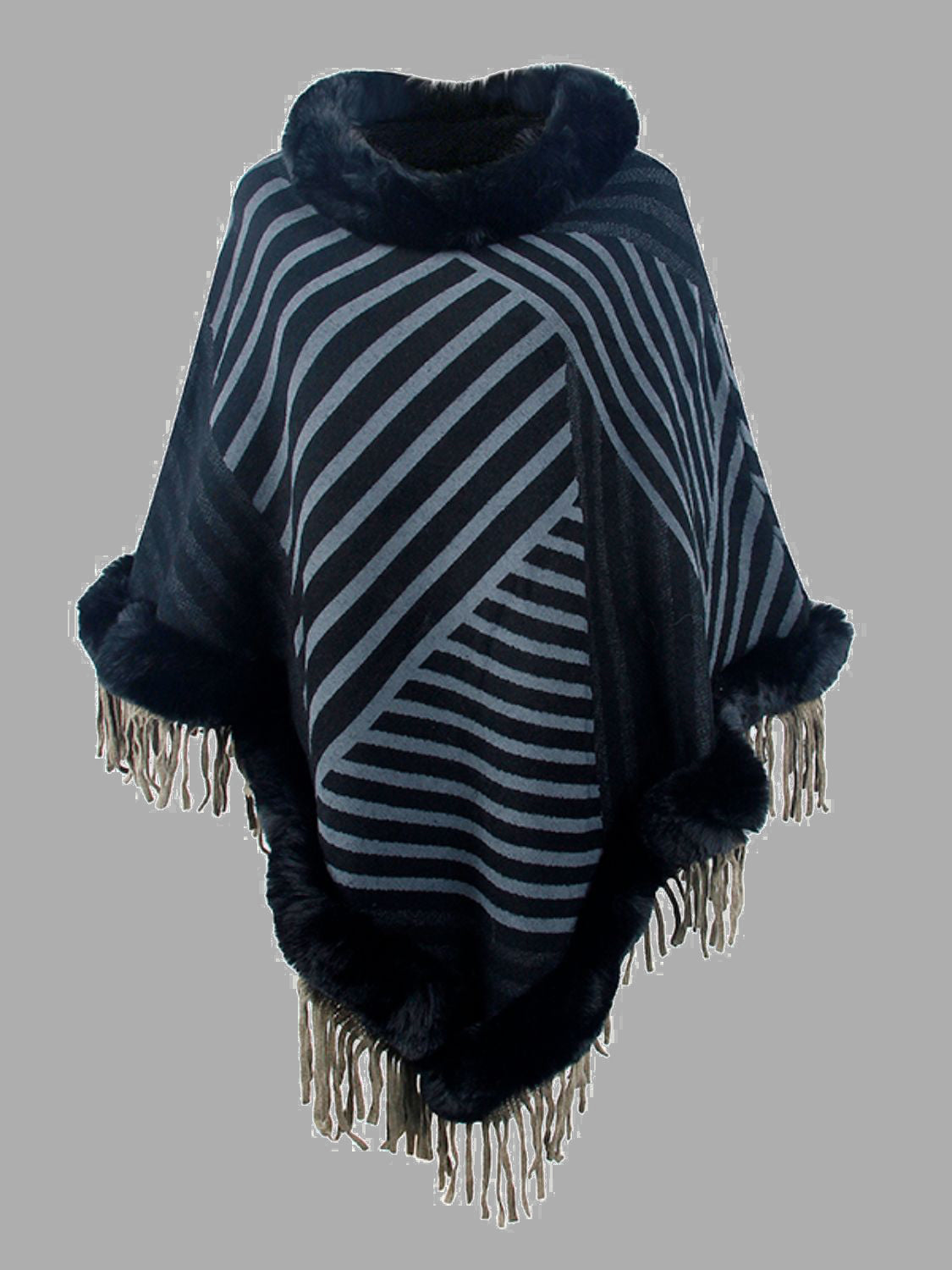 Striped Fringe Hem Poncho BLUE ZONE PLANET