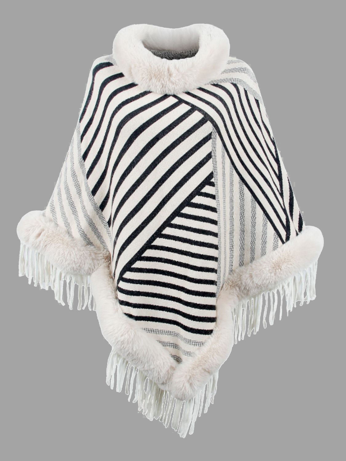 Striped Fringe Hem Poncho BLUE ZONE PLANET