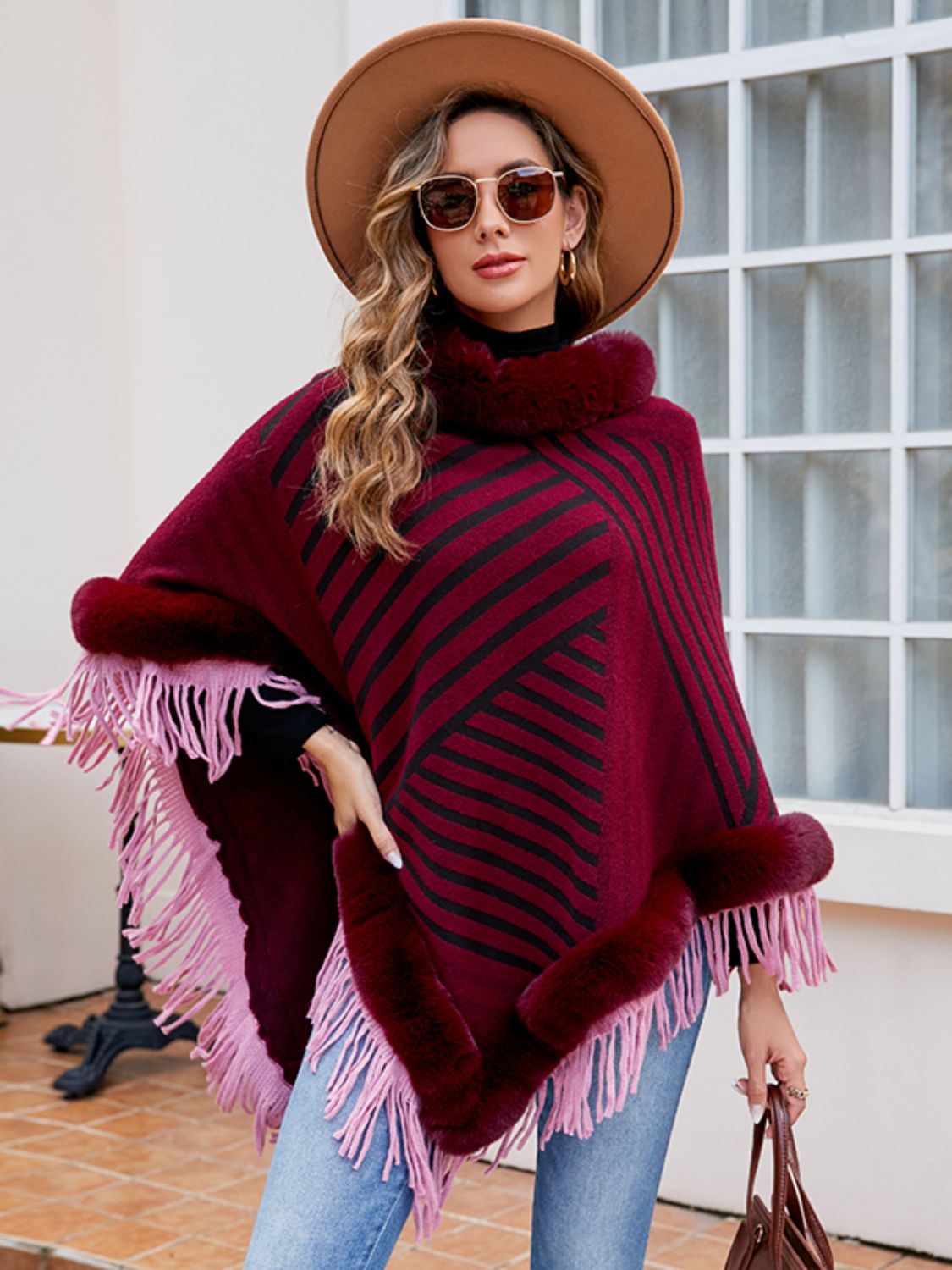 Striped Fringe Hem Poncho BLUE ZONE PLANET