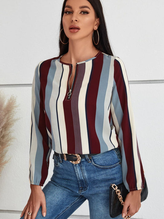 Striped Half-Zip Round Neck Long Sleeve Blouse-TOPS / DRESSES-[Adult]-[Female]-Wine-S-2022 Online Blue Zone Planet
