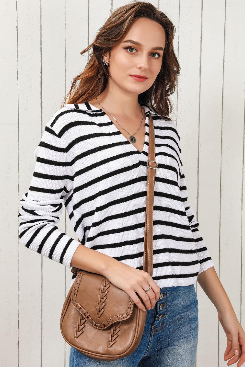 Striped Johnny Collar Long Sleeve Knit Top BLUE ZONE PLANET