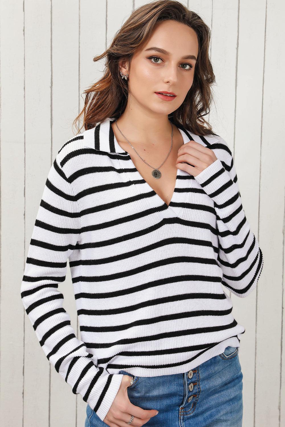 Striped Johnny Collar Long Sleeve Knit Top BLUE ZONE PLANET