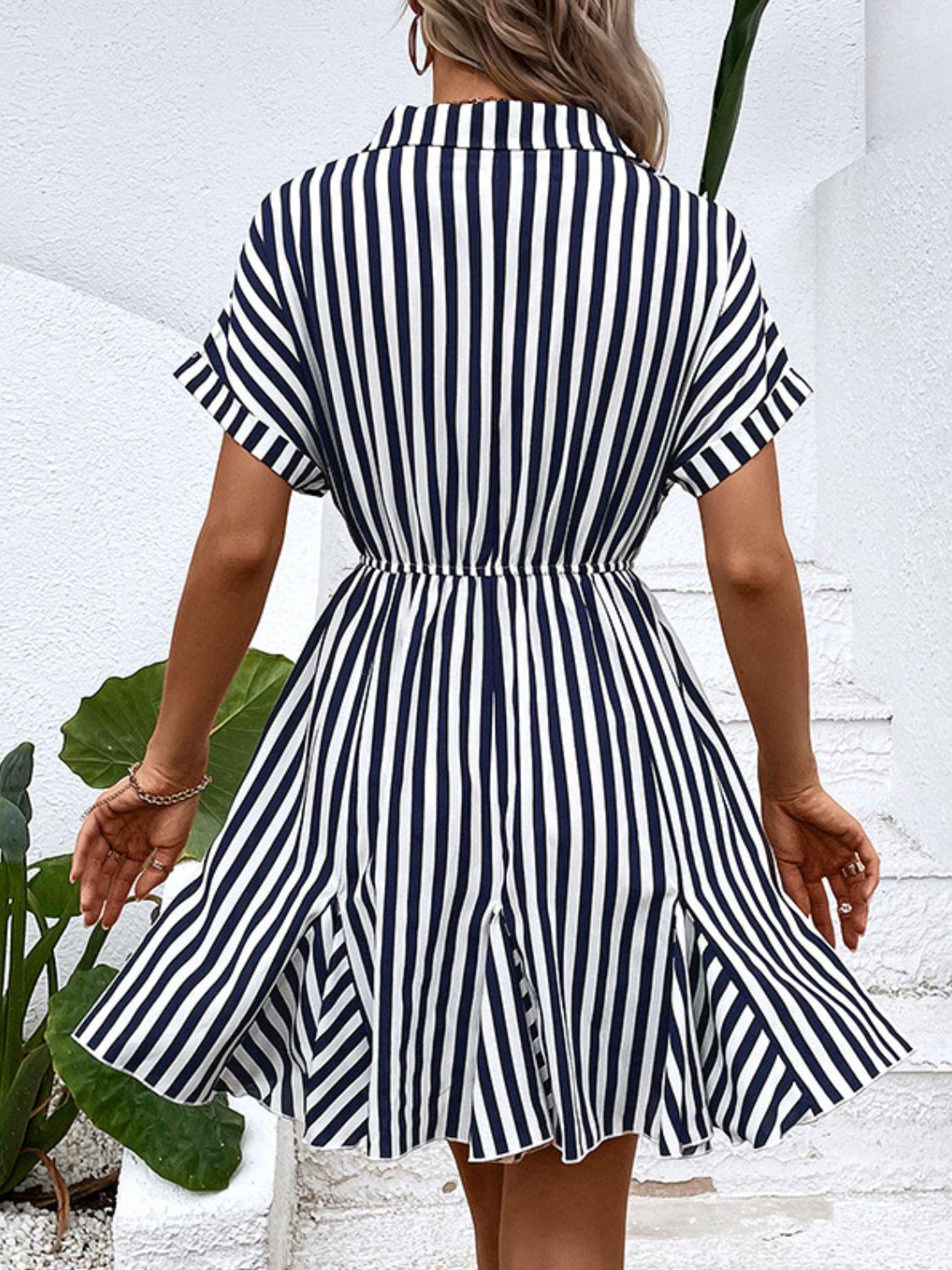 Striped Johnny Collar Mini Dress BLUE ZONE PLANET