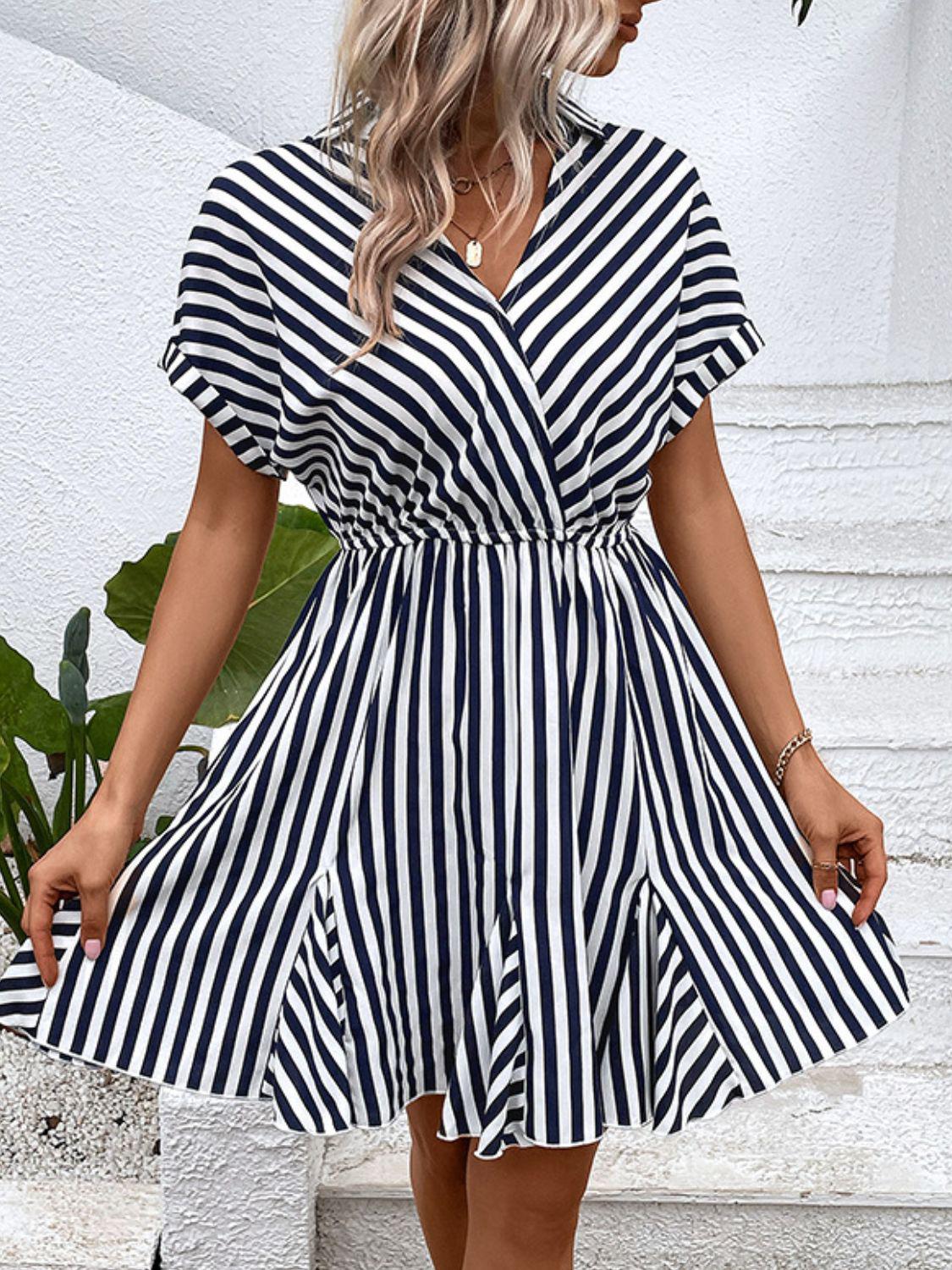 Striped Johnny Collar Mini Dress BLUE ZONE PLANET