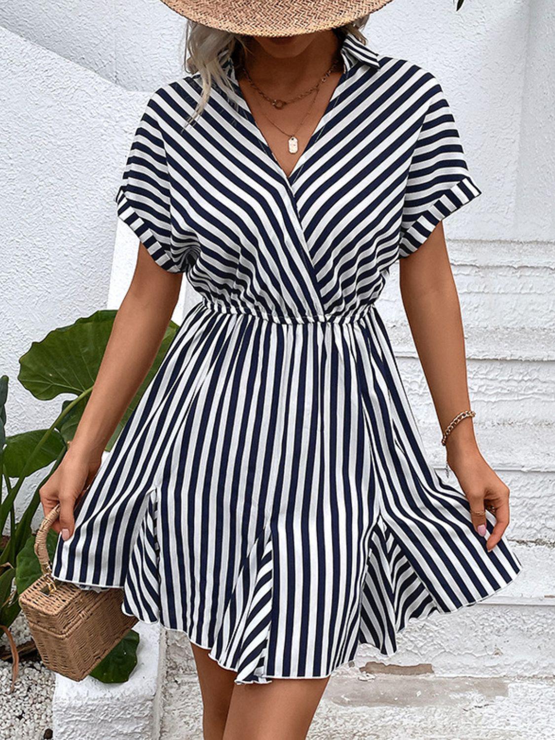 Striped Johnny Collar Mini Dress BLUE ZONE PLANET