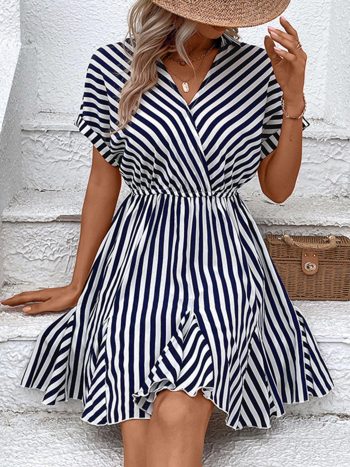 Striped Johnny Collar Mini Dress BLUE ZONE PLANET