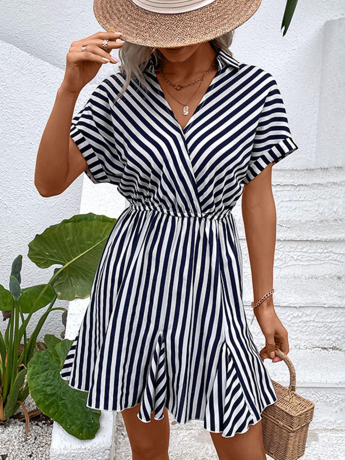 Striped Johnny Collar Mini Dress BLUE ZONE PLANET