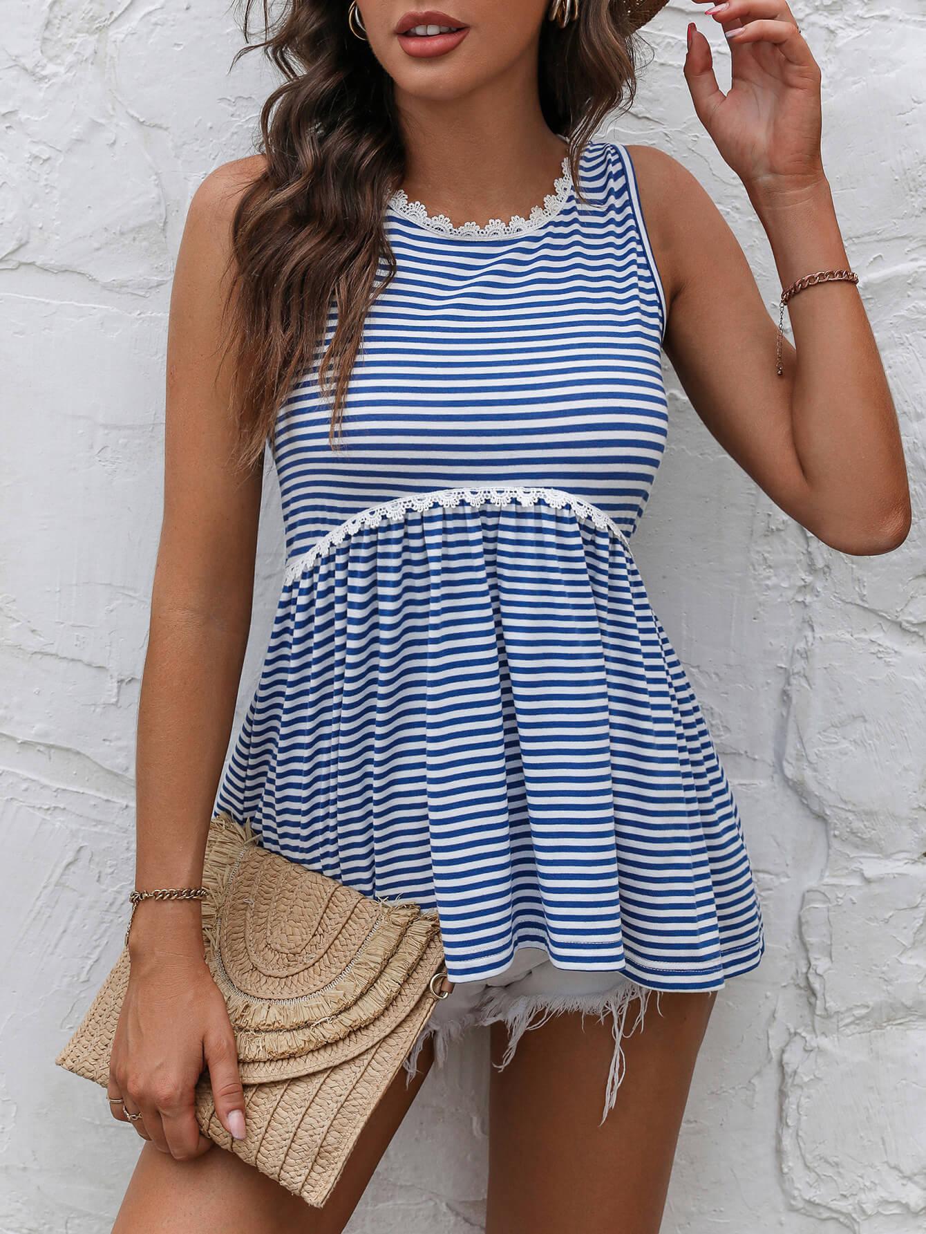 Striped Lace Trim Round Neck Tank BLUE ZONE PLANET