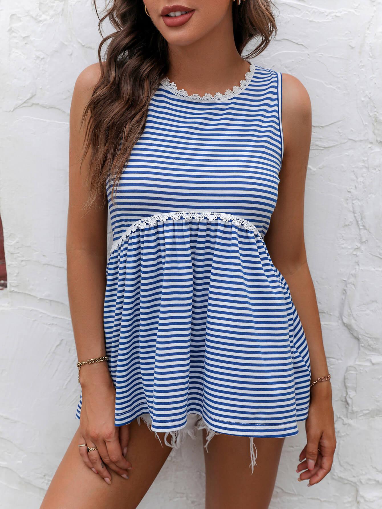 Striped Lace Trim Round Neck Tank BLUE ZONE PLANET