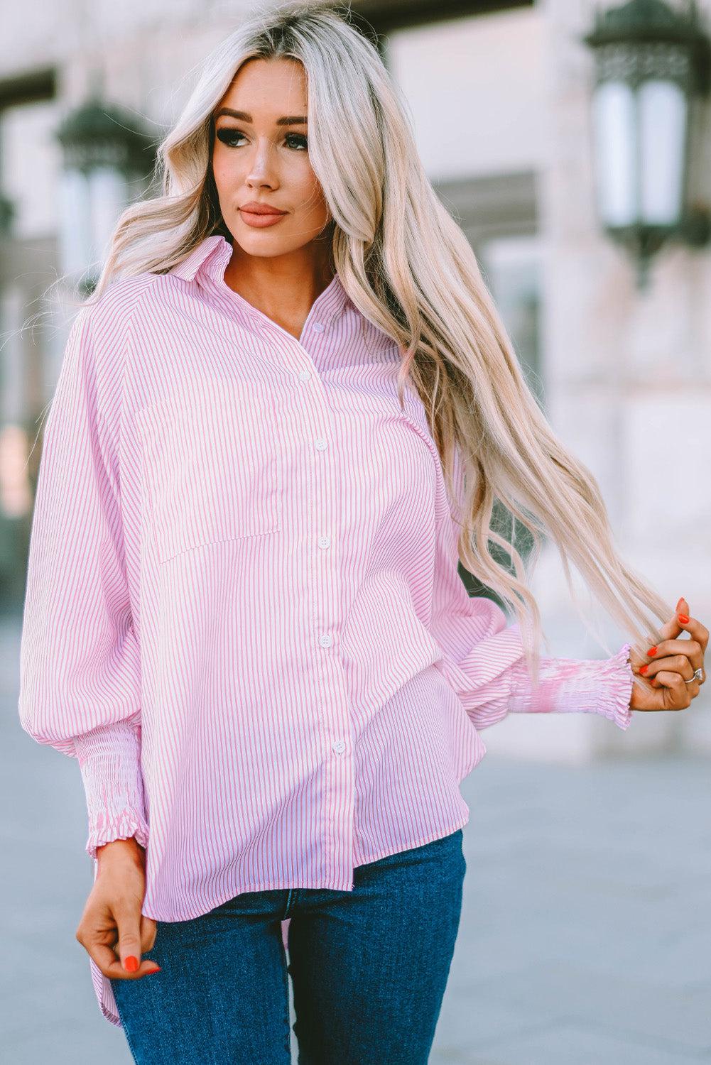 Striped Lantern Sleeve Collared Shirt BLUE ZONE PLANET