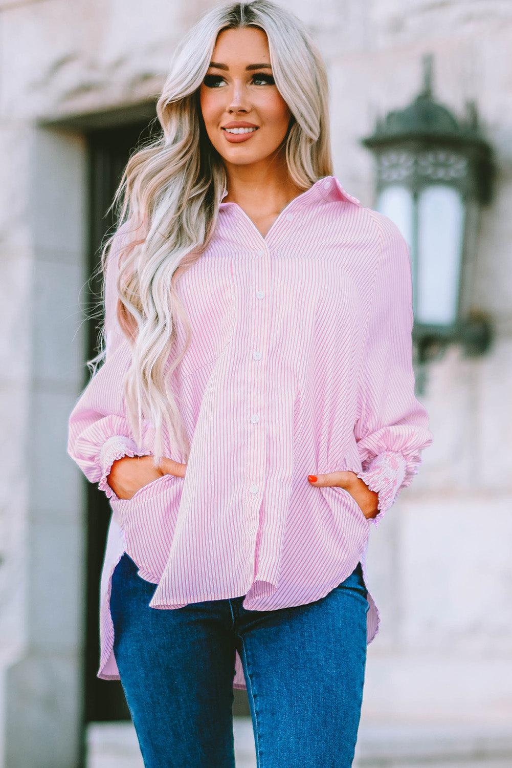 Striped Lantern Sleeve Collared Shirt BLUE ZONE PLANET