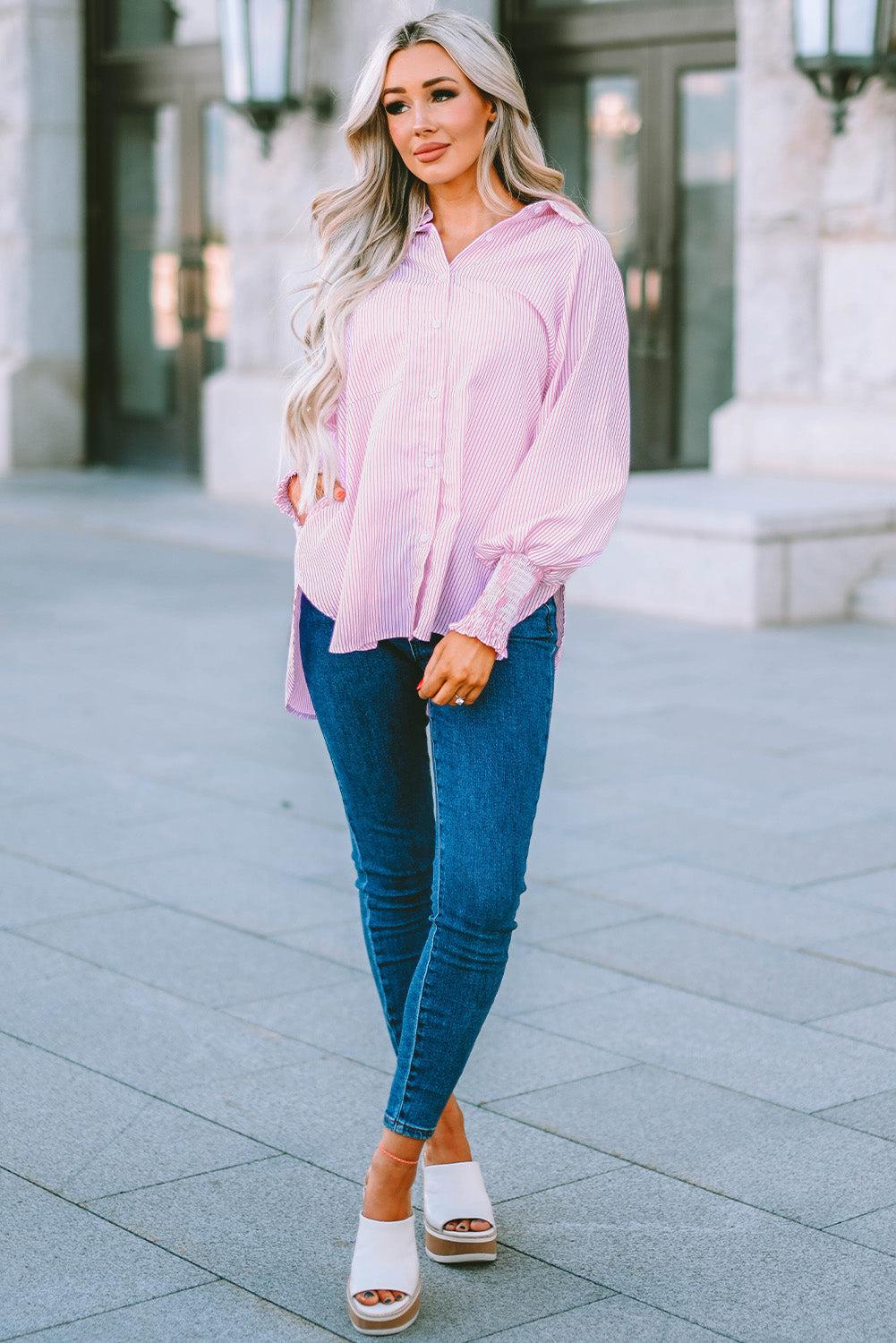 Striped Lantern Sleeve Collared Shirt BLUE ZONE PLANET