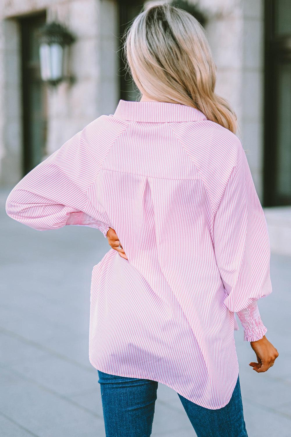 Striped Lantern Sleeve Collared Shirt BLUE ZONE PLANET