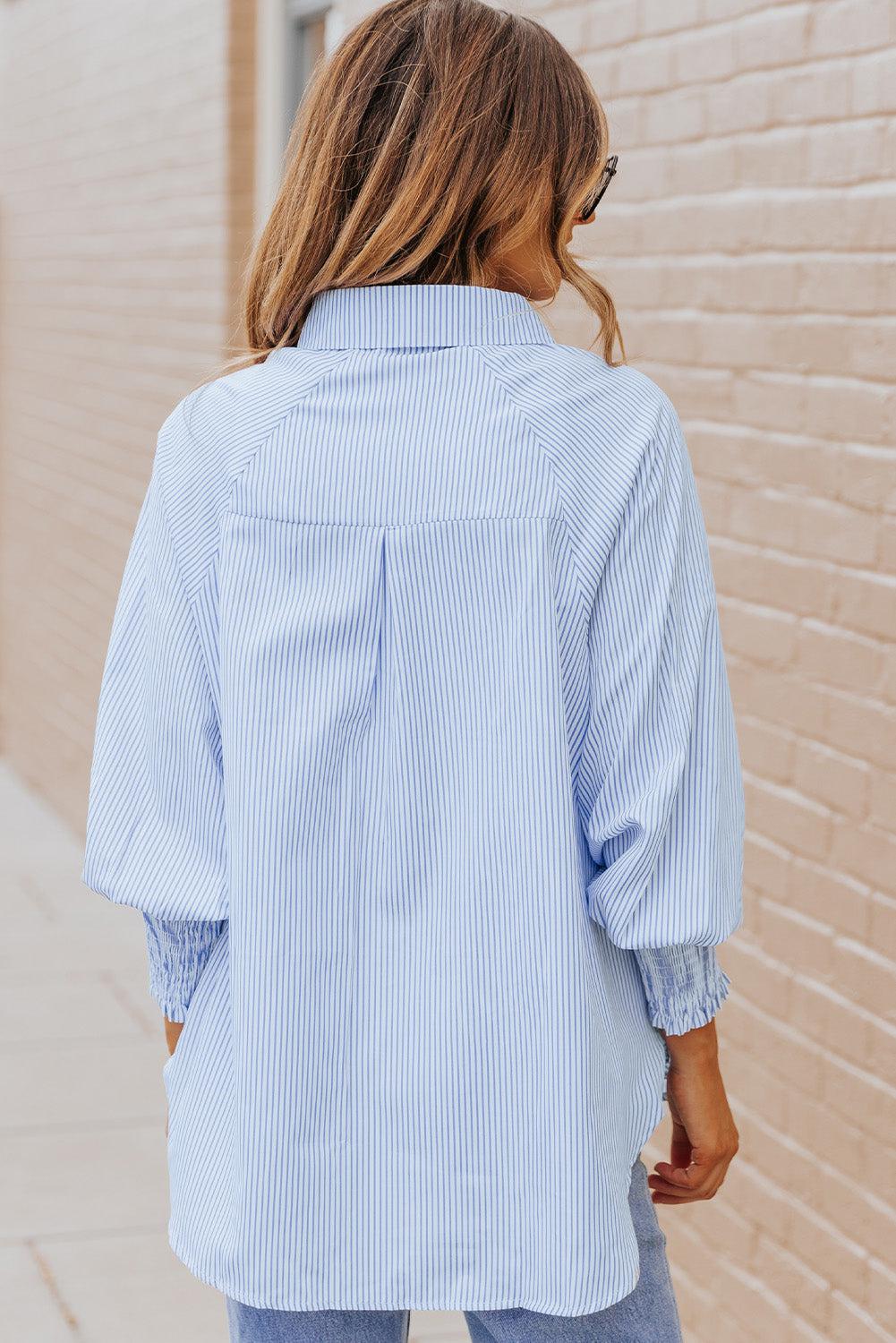 Striped Lantern Sleeve Collared Shirt BLUE ZONE PLANET