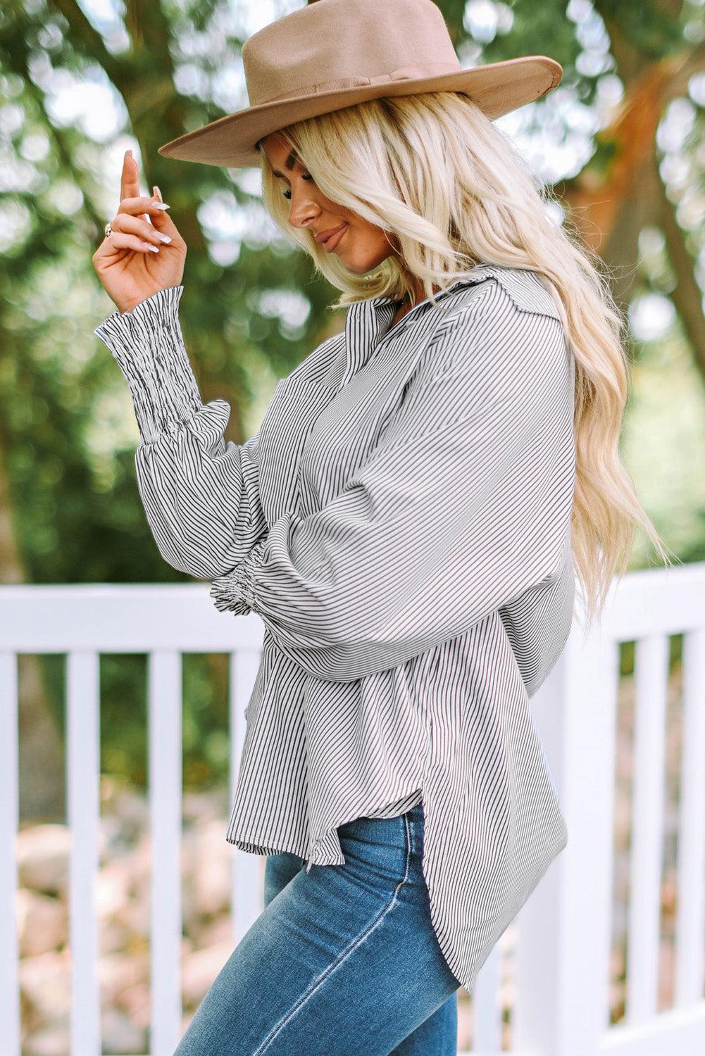 Striped Lantern Sleeve Collared Shirt BLUE ZONE PLANET