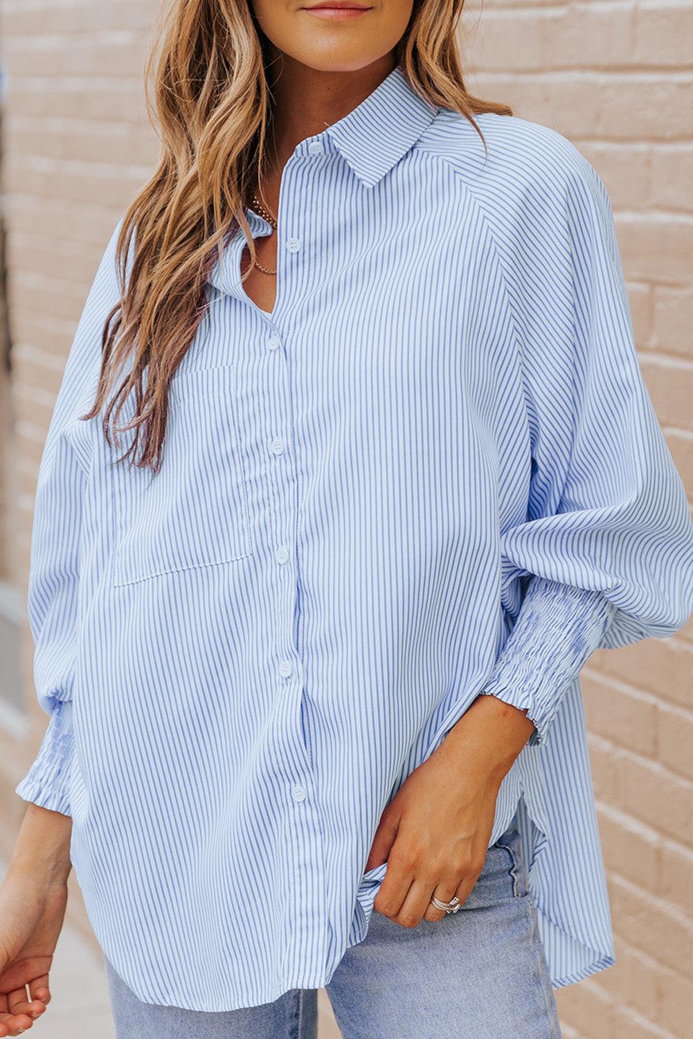 Striped Lantern Sleeve Collared Shirt BLUE ZONE PLANET