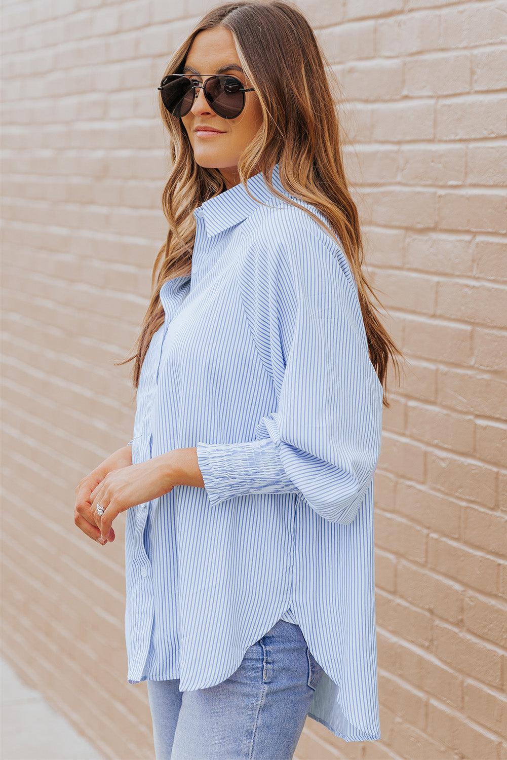 Striped Lantern Sleeve Collared Shirt BLUE ZONE PLANET