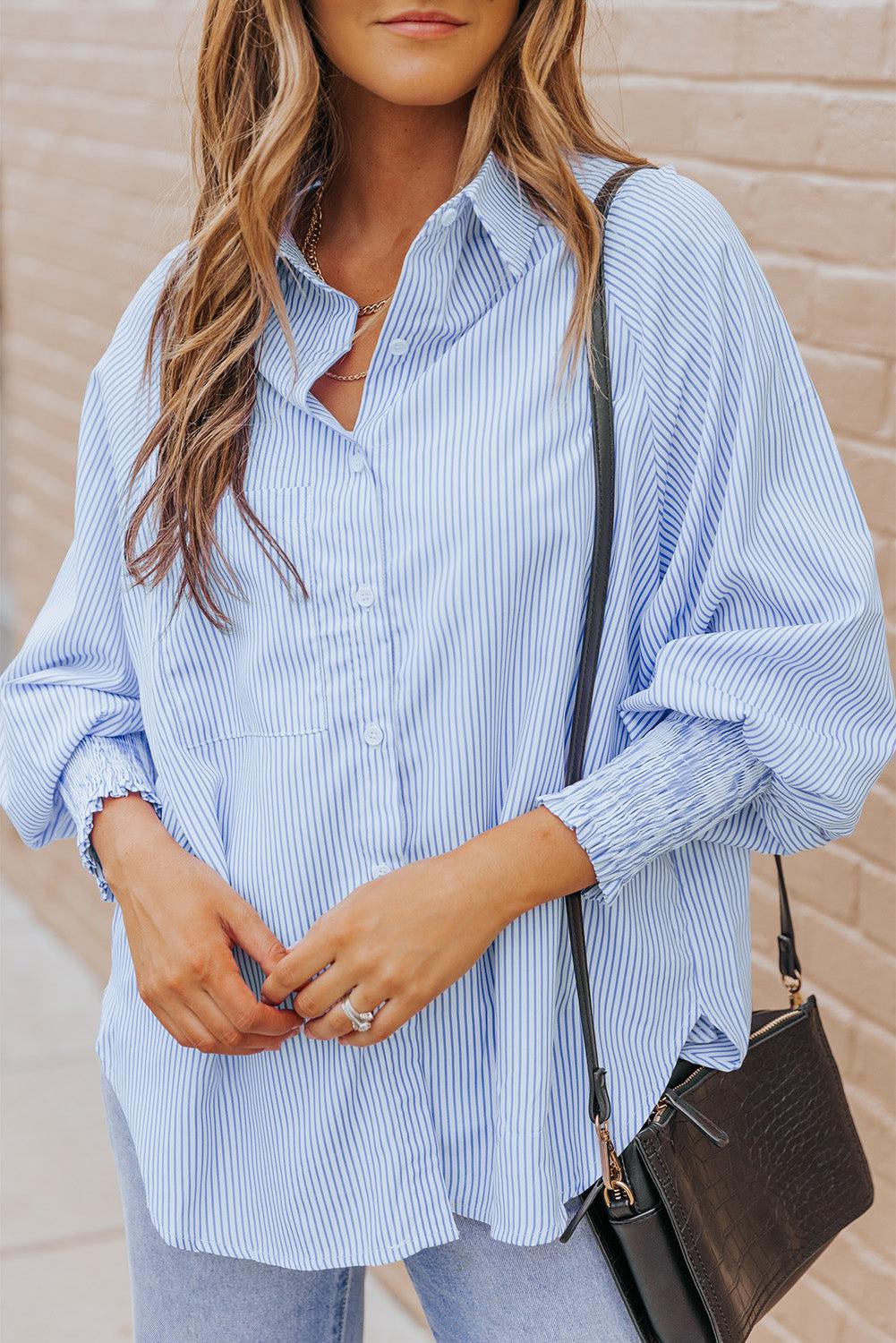 Striped Lantern Sleeve Collared Shirt BLUE ZONE PLANET