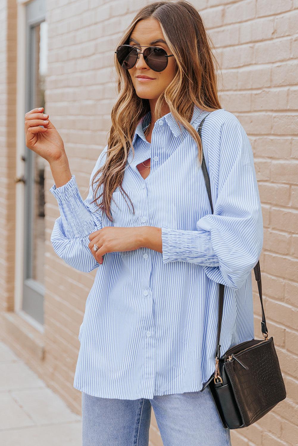 Striped Lantern Sleeve Collared Shirt BLUE ZONE PLANET