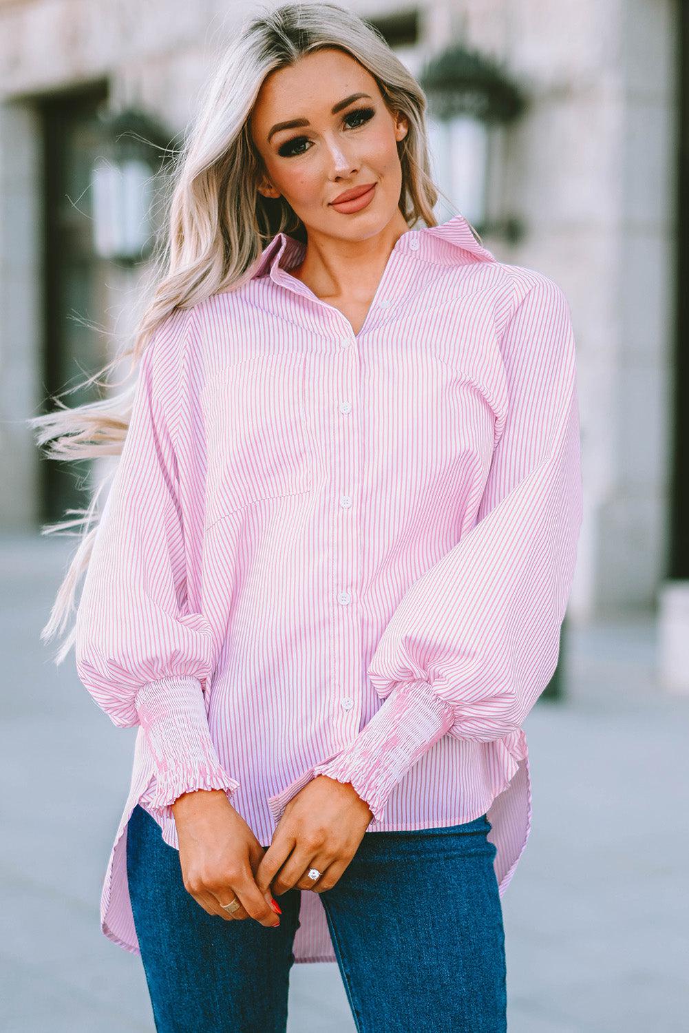 Striped Lantern Sleeve Collared Shirt BLUE ZONE PLANET