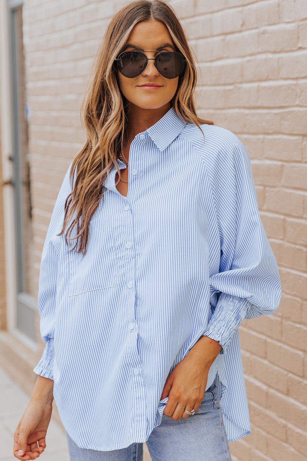 Striped Lantern Sleeve Collared Shirt BLUE ZONE PLANET