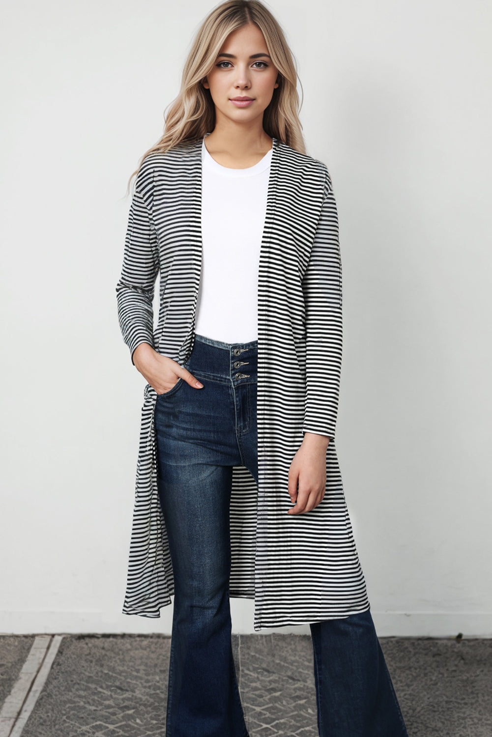 Striped Long Sleeve Cardigan BLUE ZONE PLANET