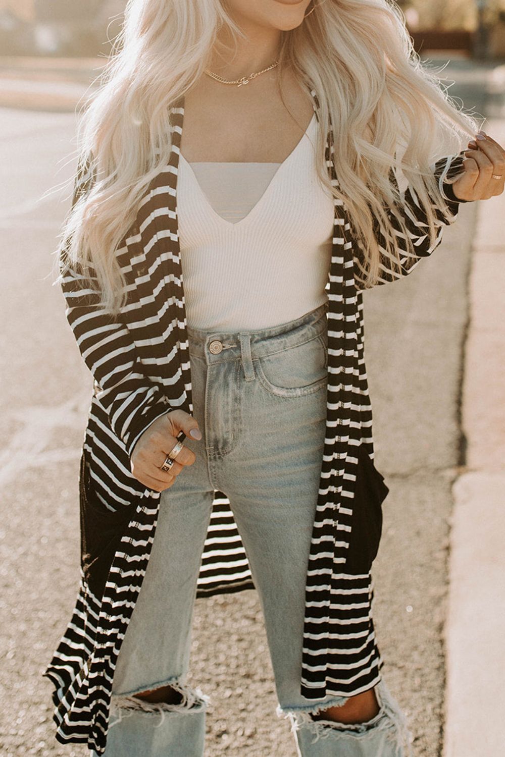 Striped Long Sleeve Cardigan with Pocket BLUE ZONE PLANET