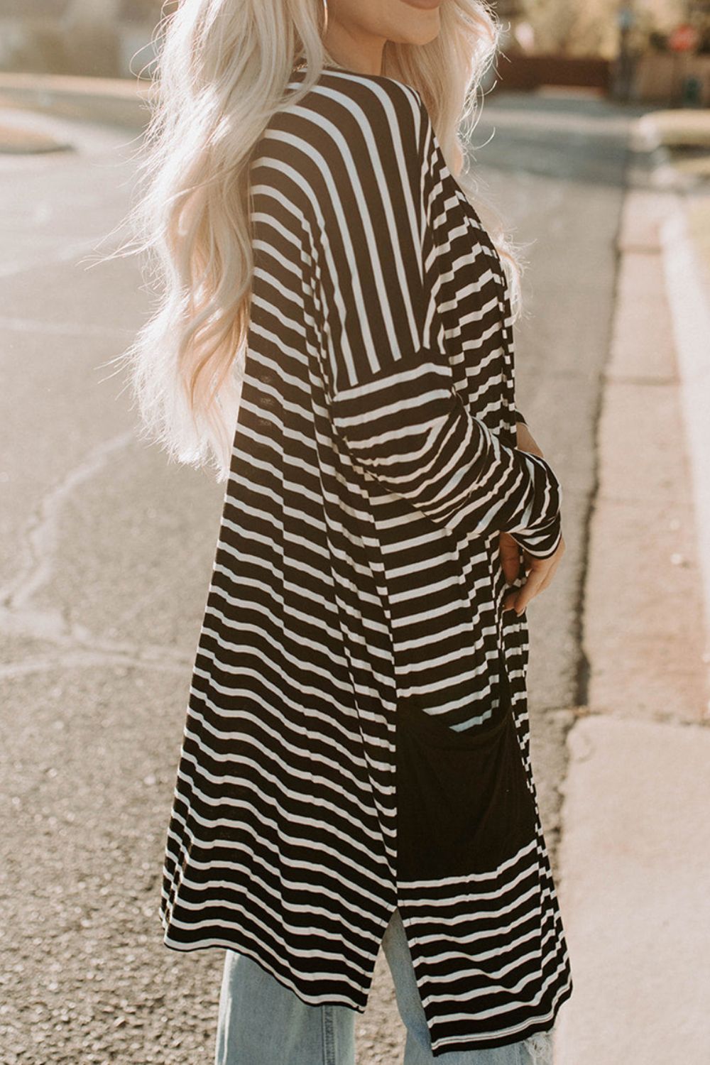 Striped Long Sleeve Cardigan with Pocket BLUE ZONE PLANET