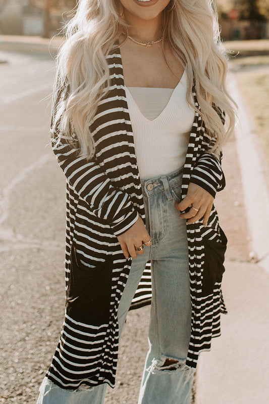 Striped Long Sleeve Cardigan with Pocket BLUE ZONE PLANET