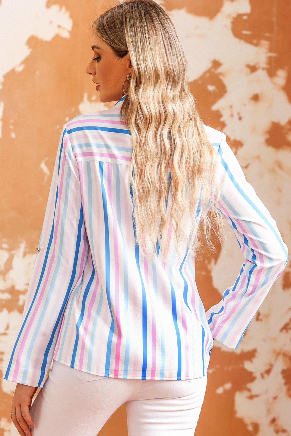 Striped Long Sleeve Collared Shirt BLUE ZONE PLANET