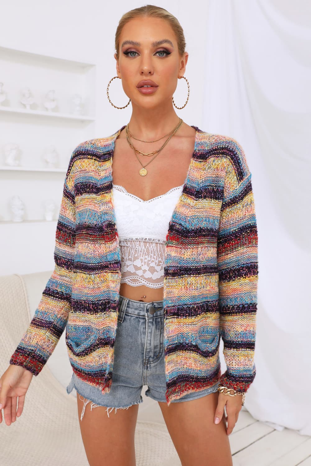 Striped Long Sleeve Open Front Cardigan BLUE ZONE PLANET