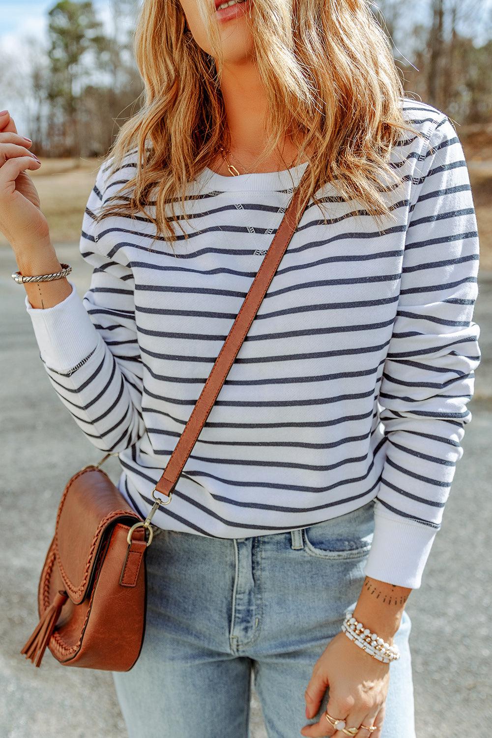 Striped Long Sleeve Round Neck Top BLUE ZONE PLANET