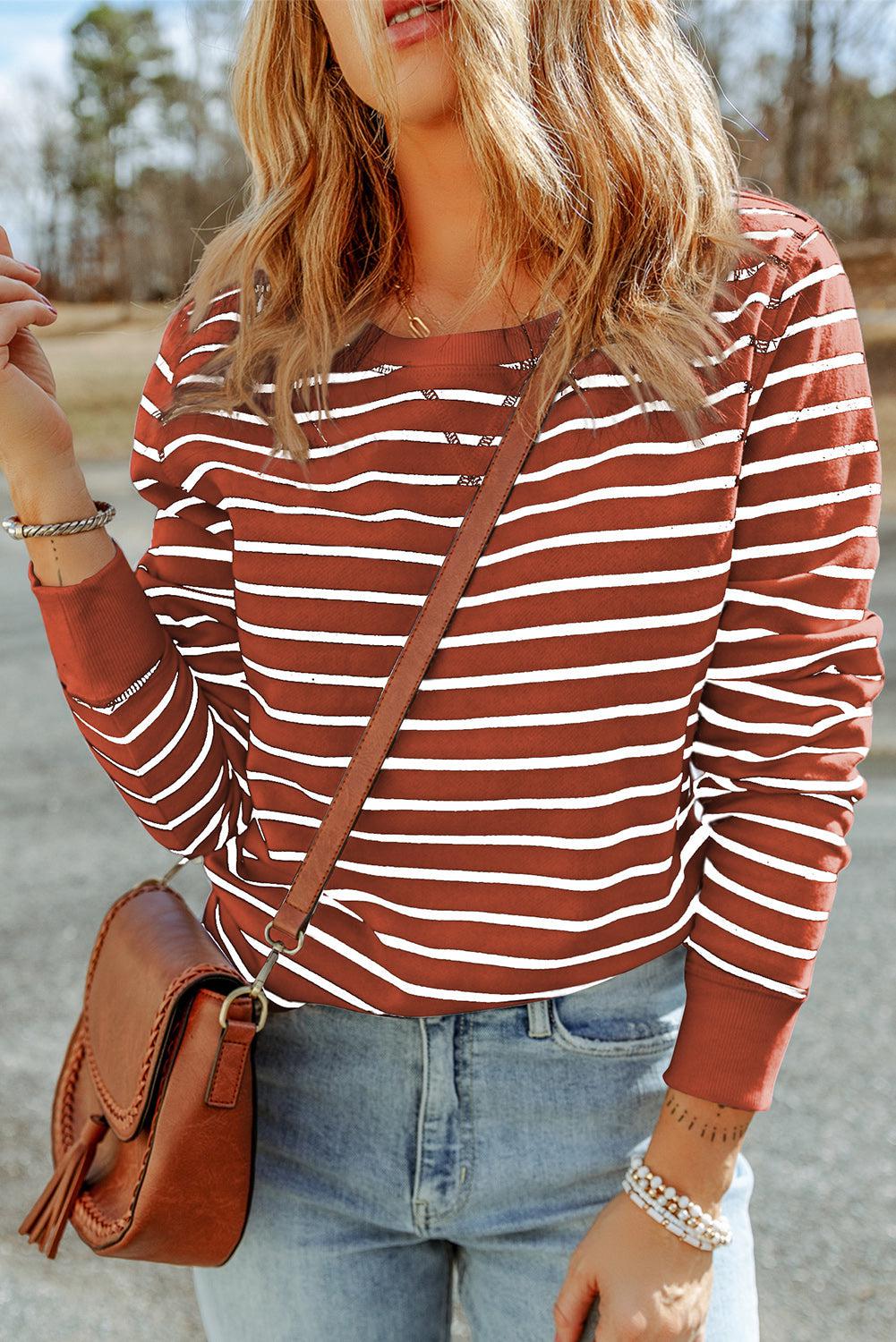 Striped Long Sleeve Round Neck Top BLUE ZONE PLANET