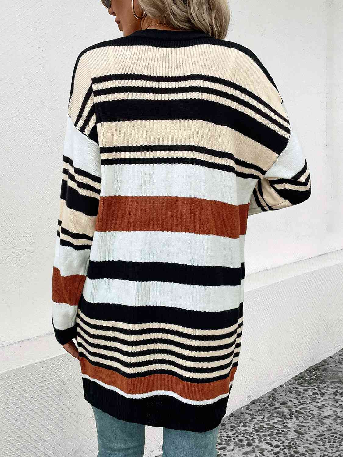 Striped Open Front Drop Shoulder Cardigan BLUE ZONE PLANET