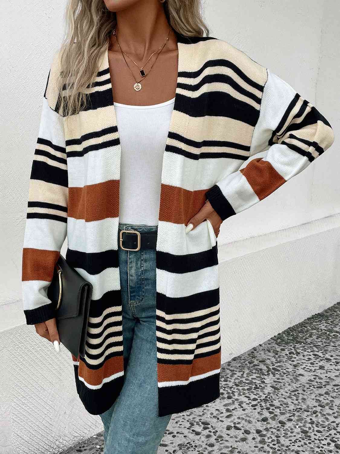 Striped Open Front Drop Shoulder Cardigan BLUE ZONE PLANET