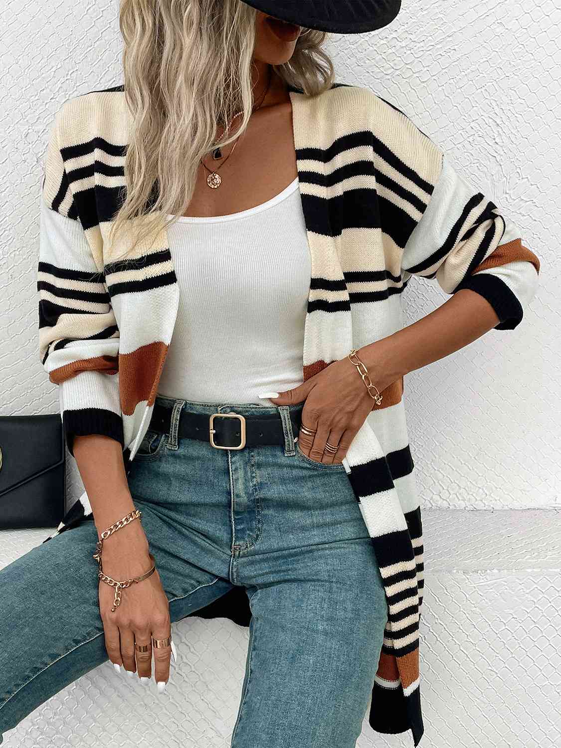 Striped Open Front Drop Shoulder Cardigan BLUE ZONE PLANET