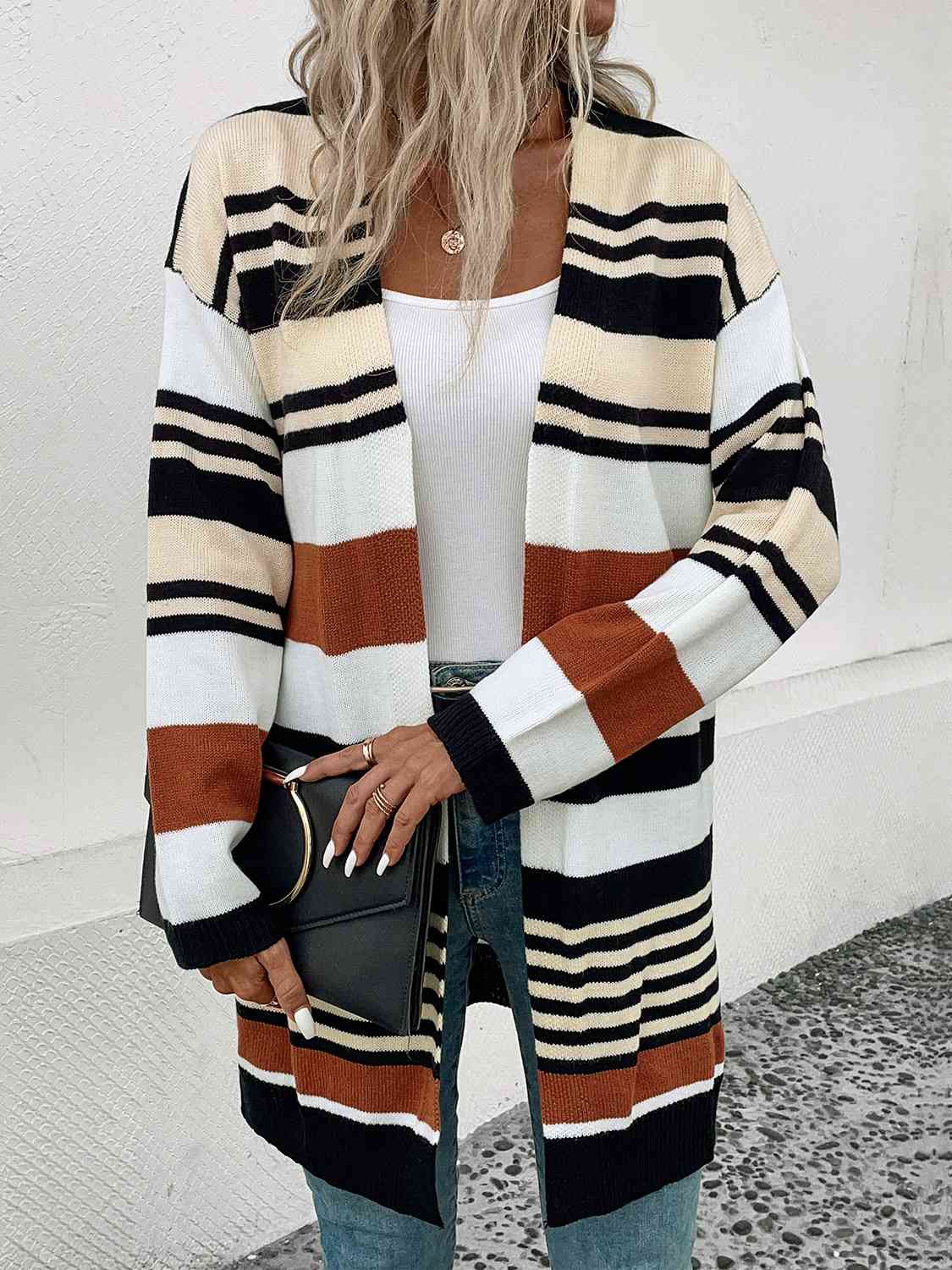 Striped Open Front Drop Shoulder Cardigan BLUE ZONE PLANET