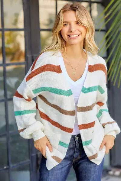 Striped Open Front Dropped Shoulder Cardigan BLUE ZONE PLANET