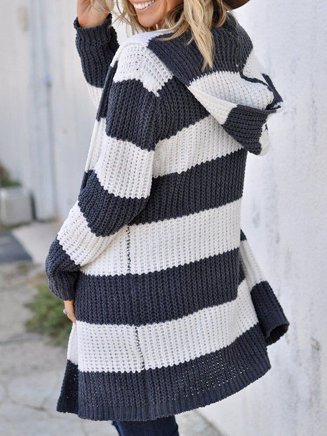 Striped Open Front Hooded Cardigan BLUE ZONE PLANET