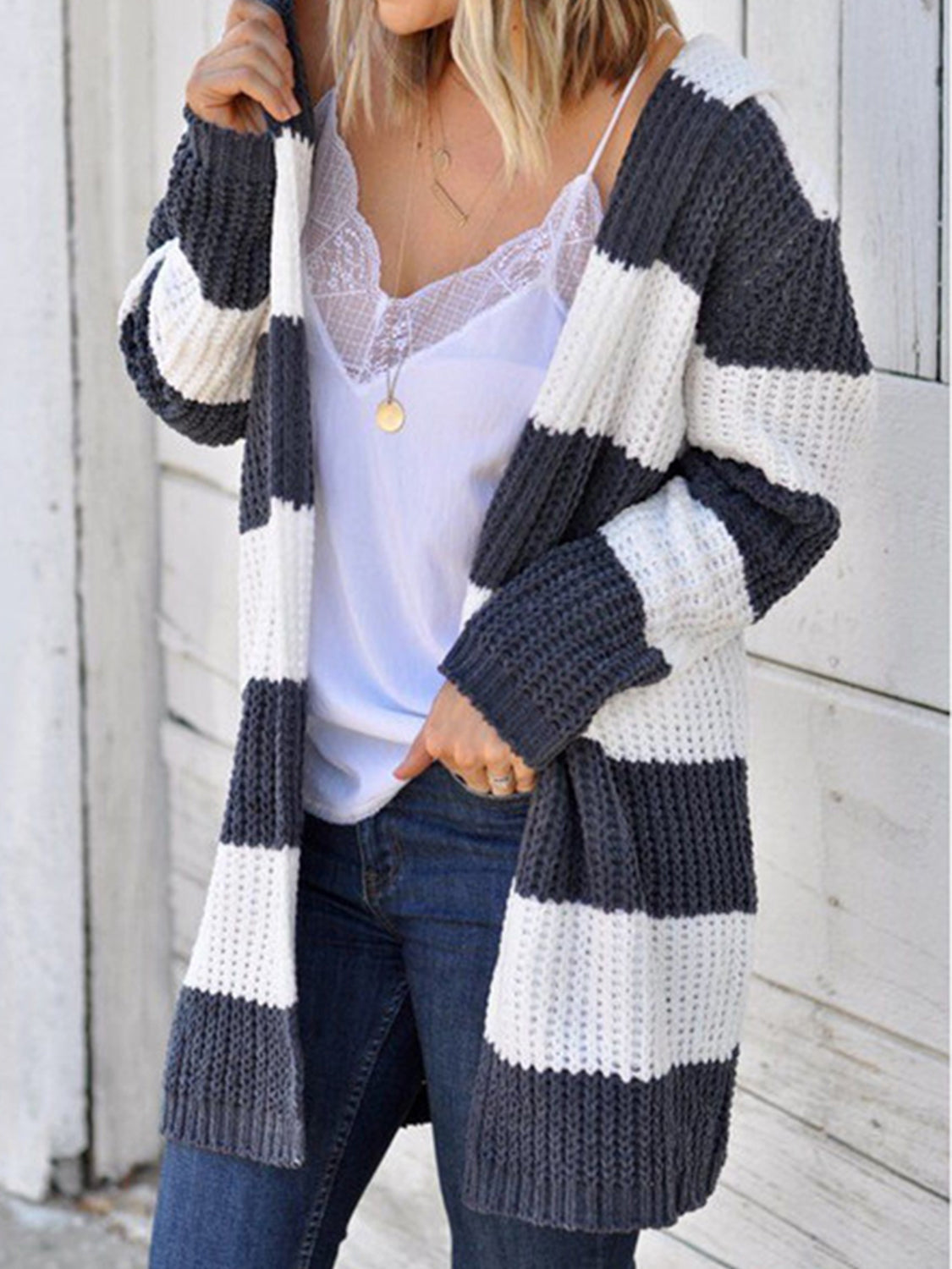 Striped Open Front Hooded Cardigan BLUE ZONE PLANET