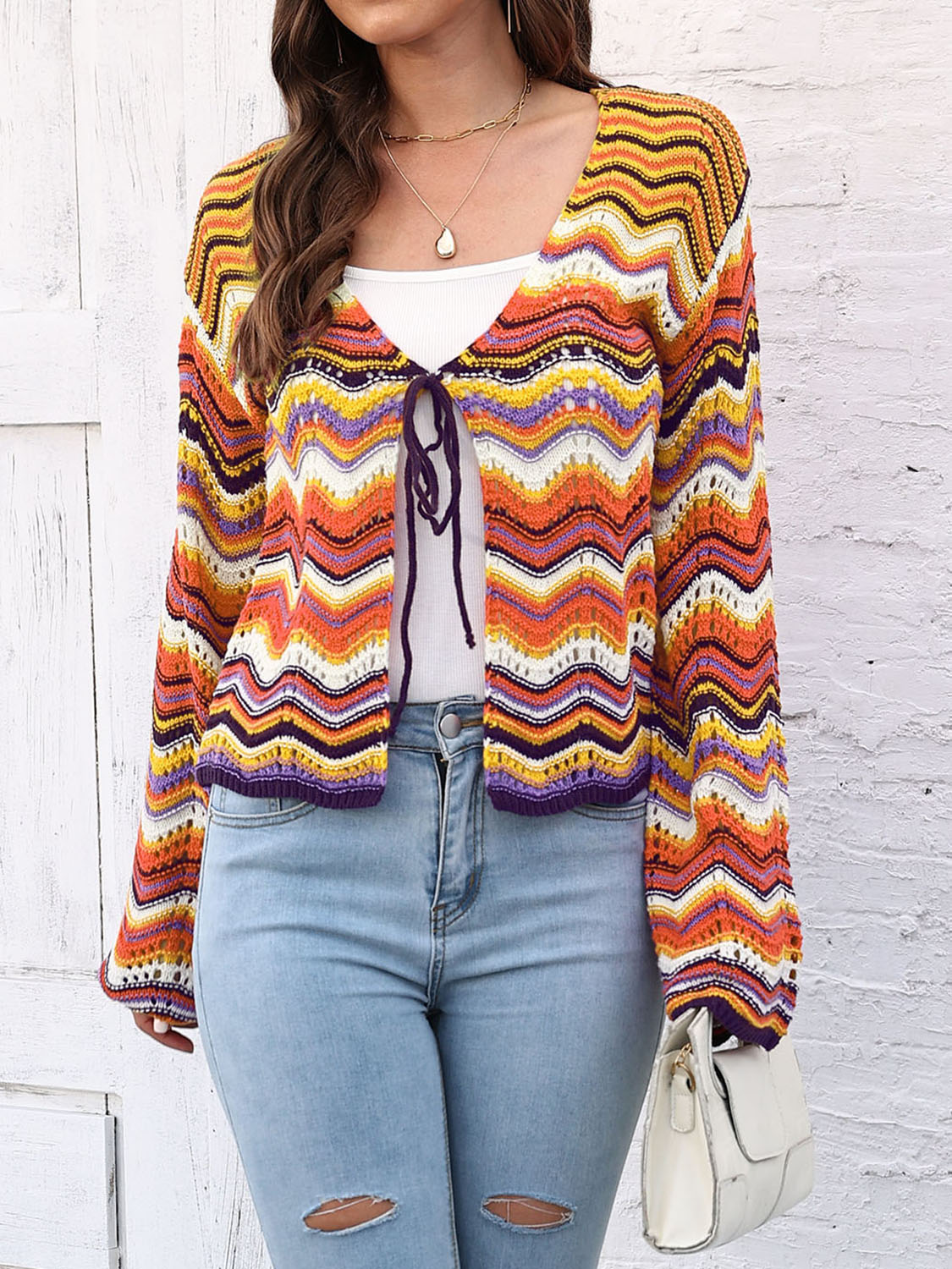 Striped Openwork Tied Cardigan BLUE ZONE PLANET