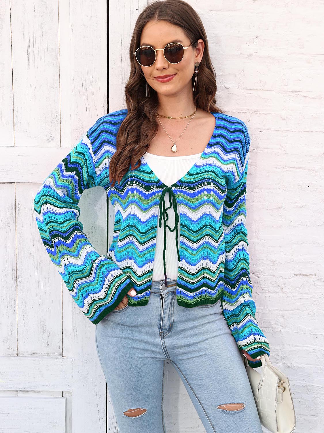 Striped Openwork Tied Cardigan BLUE ZONE PLANET