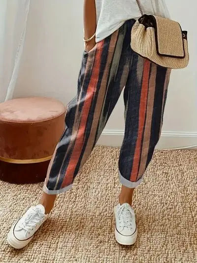 Striped Pocketed Elastic Waist Pants Trendsi