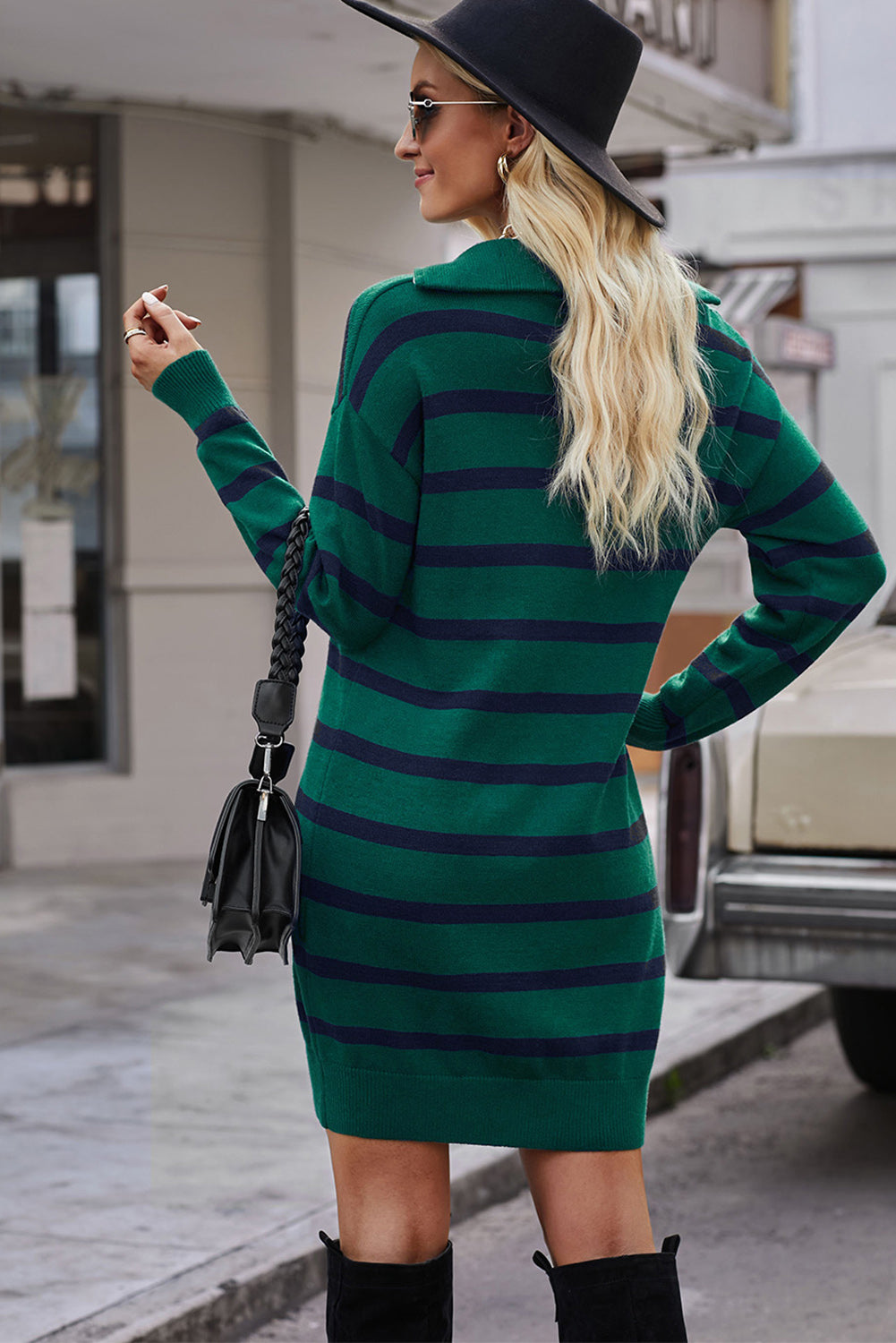 Striped Quarter-Zip Collared Sweater Dress BLUE ZONE PLANET