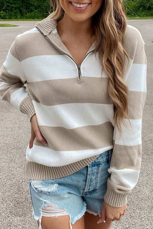 Striped Quarter-Zip Collared Sweater-TOPS / DRESSES-[Adult]-[Female]-Cream-S-2022 Online Blue Zone Planet