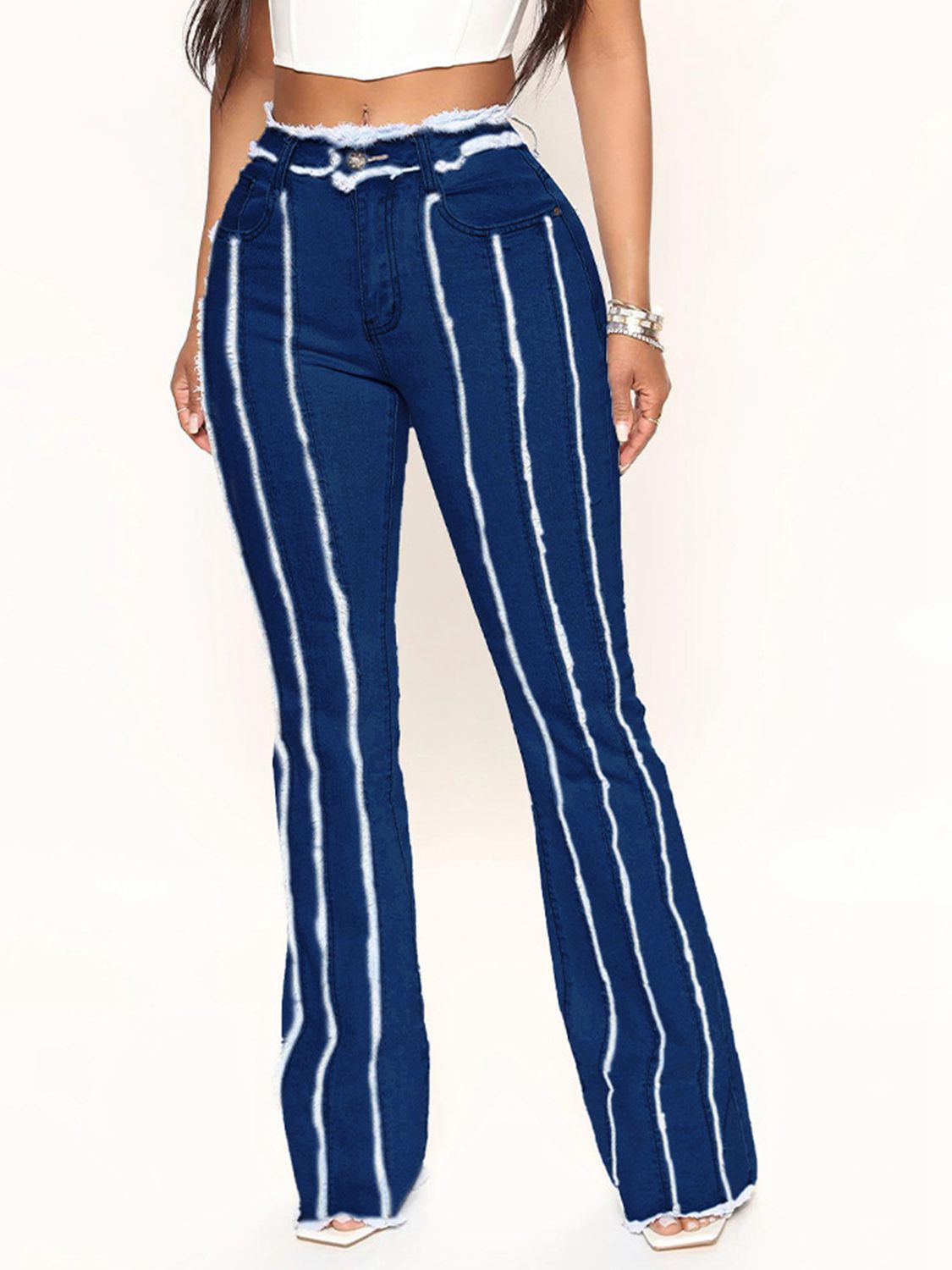 Striped Raw Hem Jeans BLUE ZONE PLANET