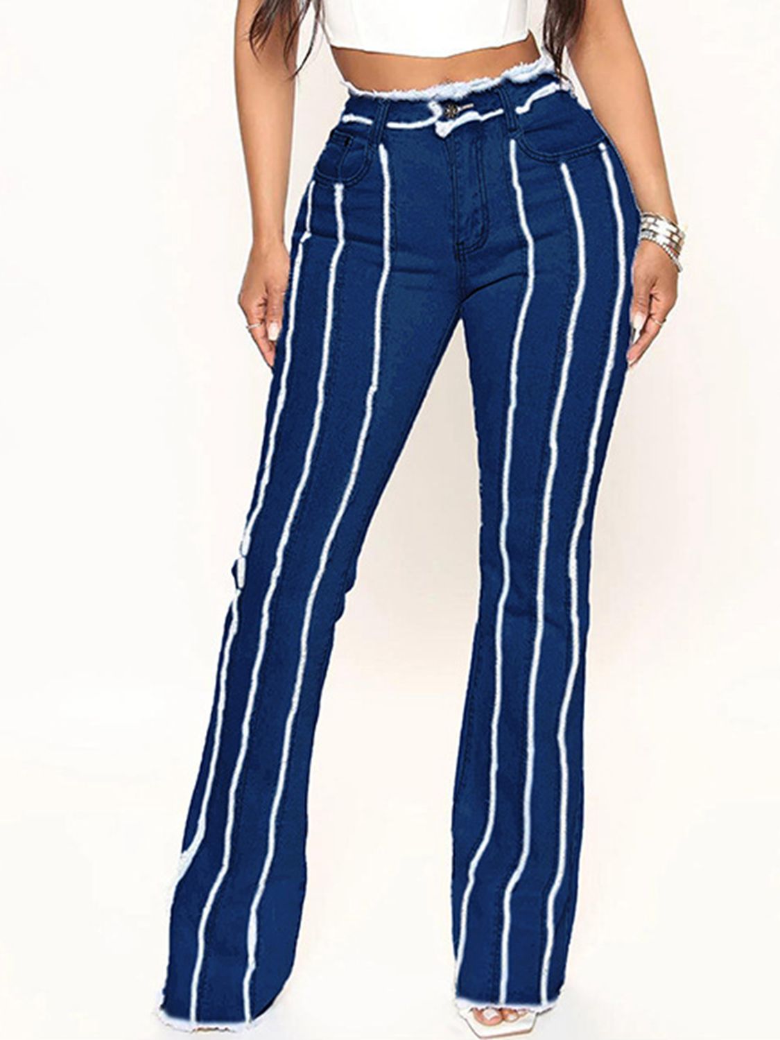 Striped Raw Hem Jeans BLUE ZONE PLANET